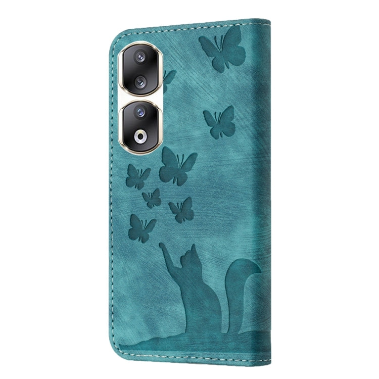 For Honor 90 Pro 5G Butterfly Cat Embossing Flip Leather Phone Case(Wathet)