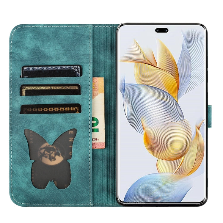 For Honor 90 Pro 5G Butterfly Cat Embossing Flip Leather Phone Case(Wathet)