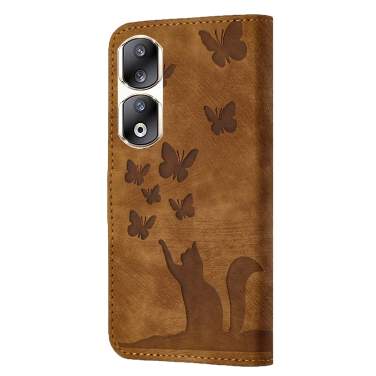 For Honor 90 Pro 5G Butterfly Cat Embossing Flip Leather Phone Case(Brown)