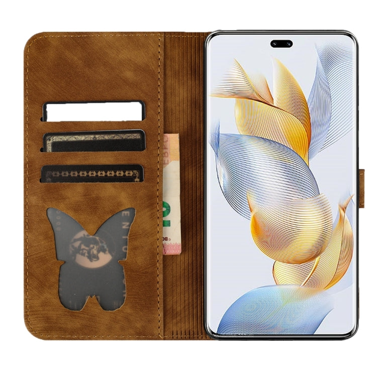 For Honor 90 Pro 5G Butterfly Cat Embossing Flip Leather Phone Case(Brown)