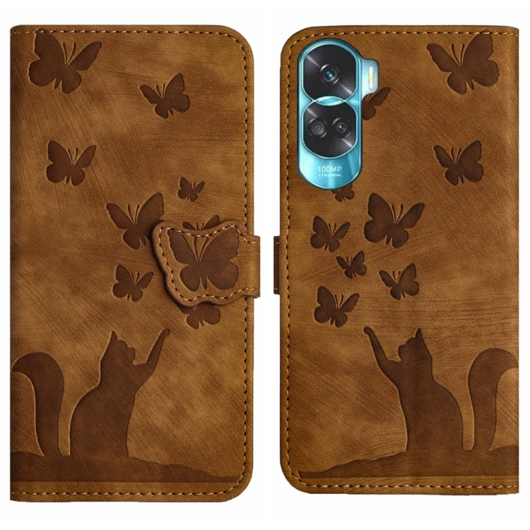 For Honor 90 Lite / X50i Butterfly Cat Embossing Flip Leather Phone Case(Brown)