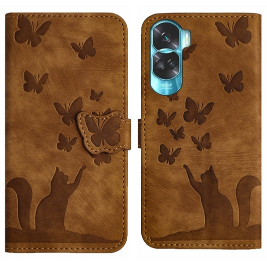 For Honor 90 Lite / X50i Butterfly Cat Embossing Flip Leather Phone Case(Brown)