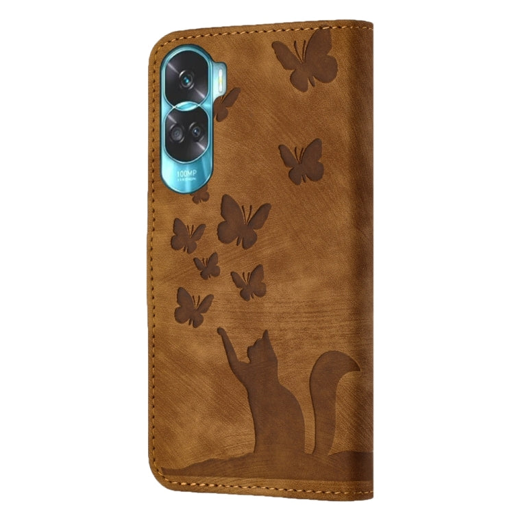 For Honor 90 Lite / X50i Butterfly Cat Embossing Flip Leather Phone Case(Brown)