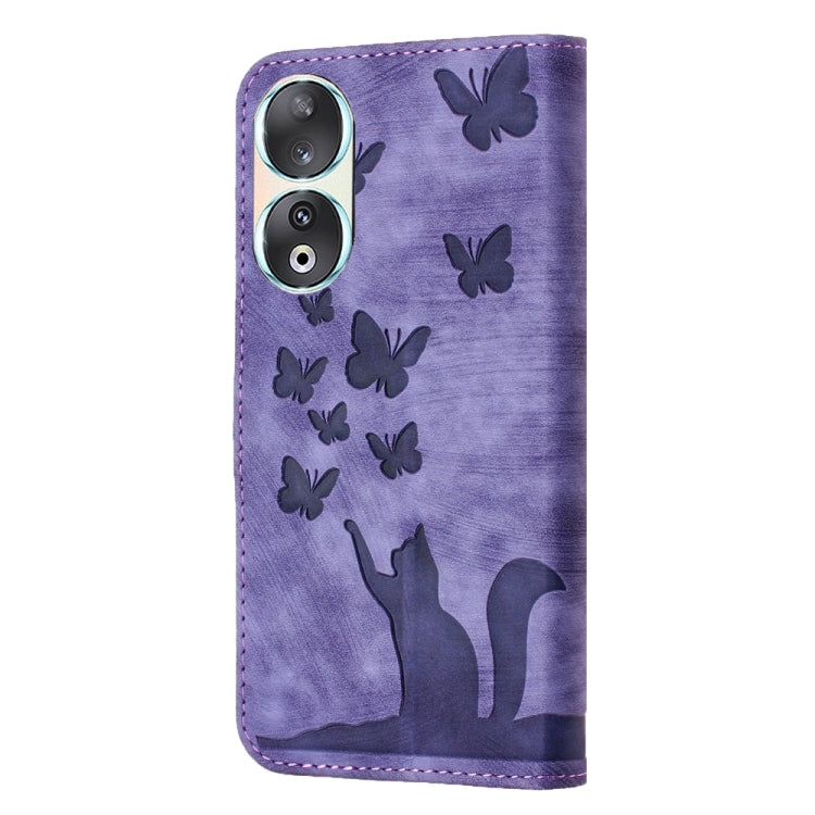 For Honor 90 / 80 Butterfly Cat Embossing Flip Leather Phone Case(Purple)