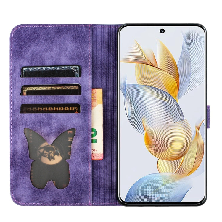 For Honor 90 / 80 Butterfly Cat Embossing Flip Leather Phone Case(Purple)