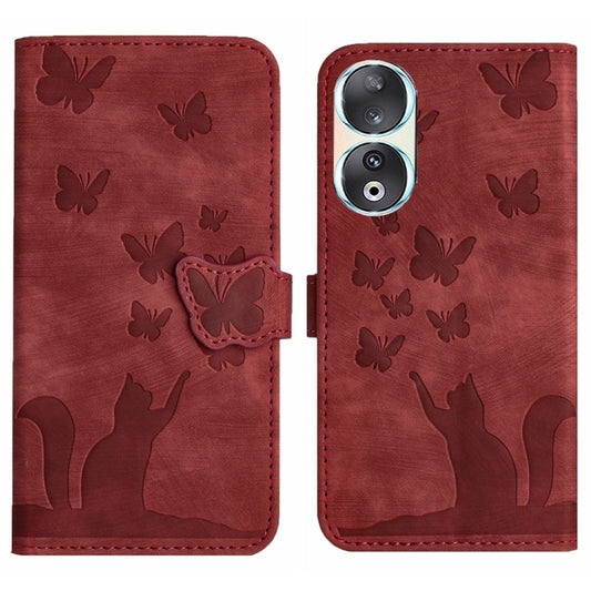 For Honor 90 / 80 Butterfly Cat Embossing Flip Leather Phone Case(Red)
