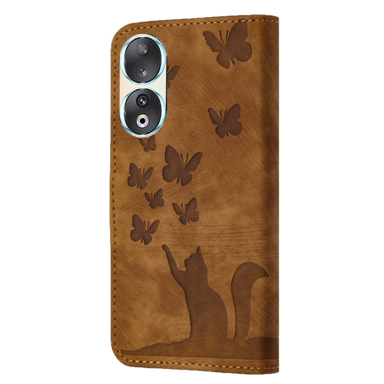 For Honor 90 / 80 Butterfly Cat Embossing Flip Leather Phone Case(Brown)