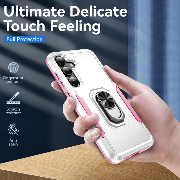 For Samsung Galaxy S24 5G Pioneer Armor Heavy Duty PC + TPU Phone Case with Holder(White+Pink)