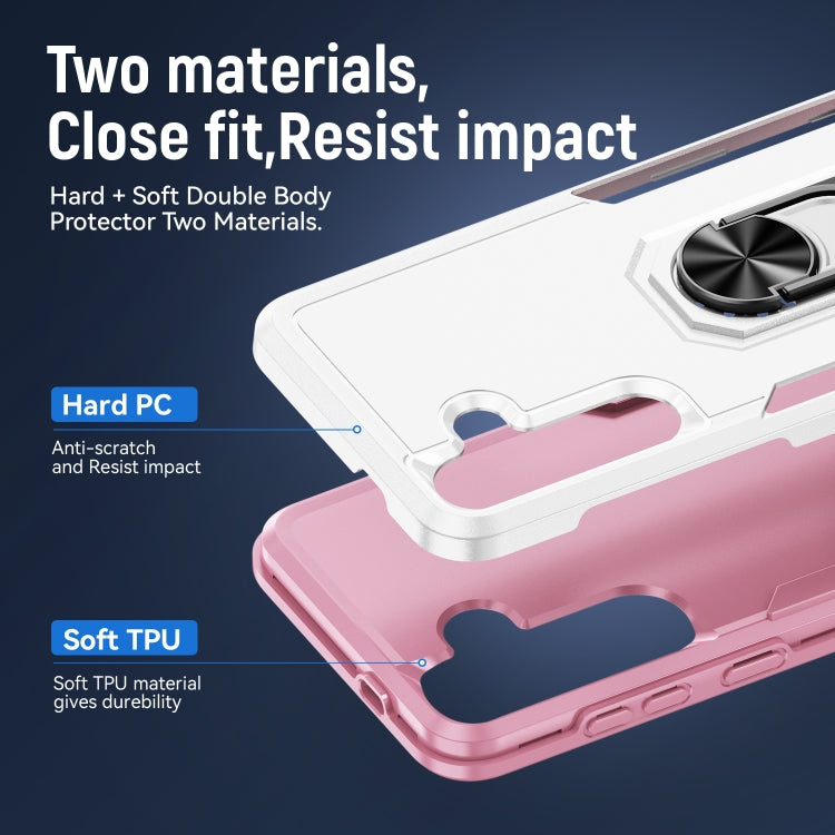 For Samsung Galaxy S24 5G Pioneer Armor Heavy Duty PC + TPU Phone Case with Holder(White+Pink)