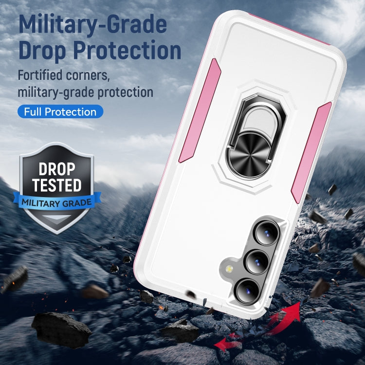 For Samsung Galaxy S24 5G Pioneer Armor Heavy Duty PC + TPU Phone Case with Holder(White+Pink)
