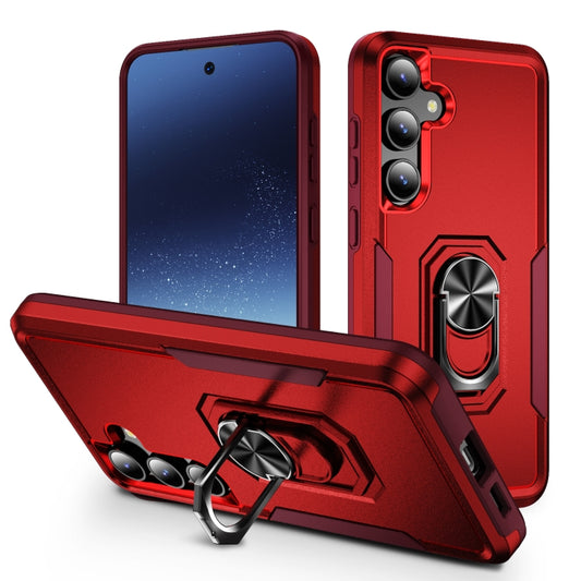 For Samsung Galaxy S24 5G Pioneer Armor Heavy Duty PC + TPU Phone Case with Holder(Red+Rose Red)
