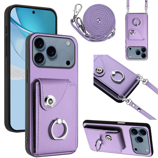 Compatible with iPhone 18 Pro Max & 17 Pro Max Organ Card Bag Ring Holder Phone Case with Long Lanyard - Purple