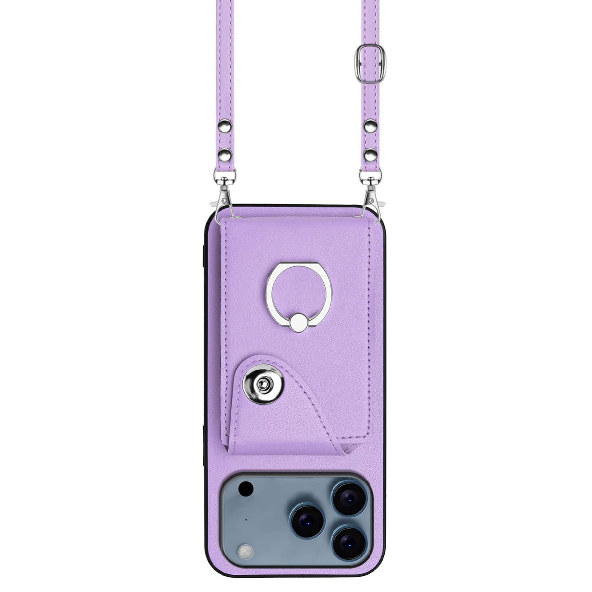 Compatible with iPhone 18 Pro Max & 17 Pro Max Organ Card Bag Ring Holder Phone Case with Long Lanyard - Purple