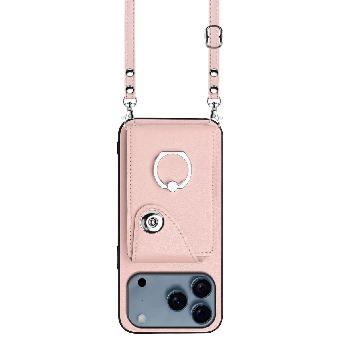 Compatible with iPhone 18 Pro Max & 17 Pro Max Organ Card Bag Ring Holder Phone Case with Long Lanyard - Pink
