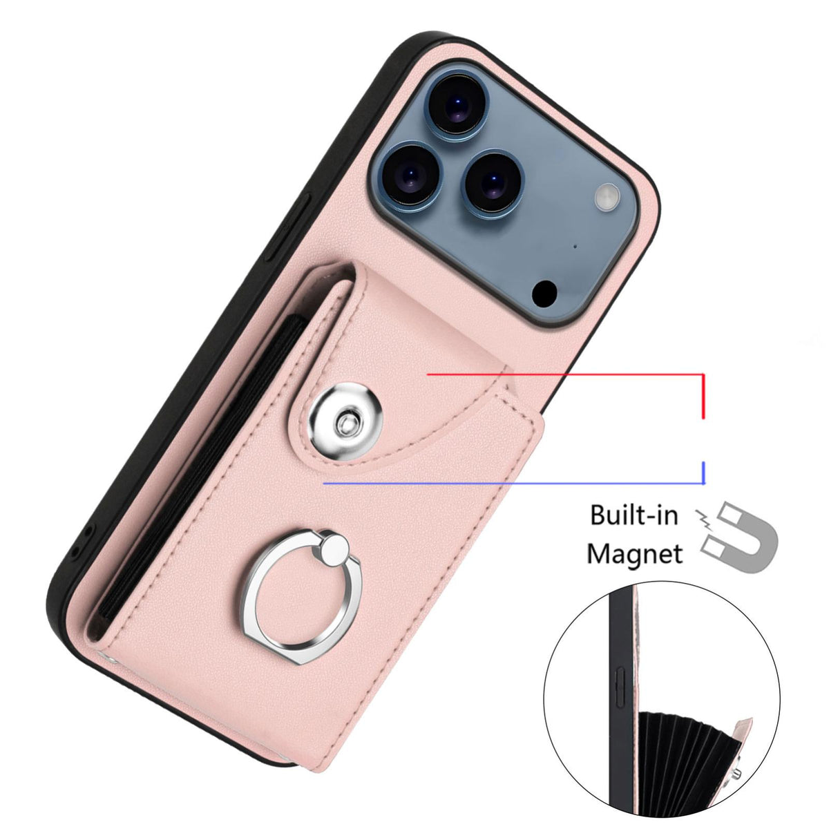 Compatible with iPhone 18 Pro Max & 17 Pro Max Organ Card Bag Ring Holder Phone Case with Long Lanyard - Pink