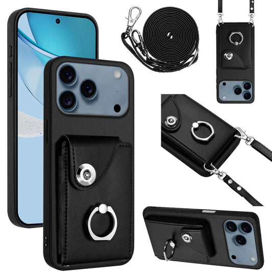Compatible with iPhone 18 Pro Max & 17 Pro Max Organ Card Bag Ring Holder Phone Case with Long Lanyard - Black