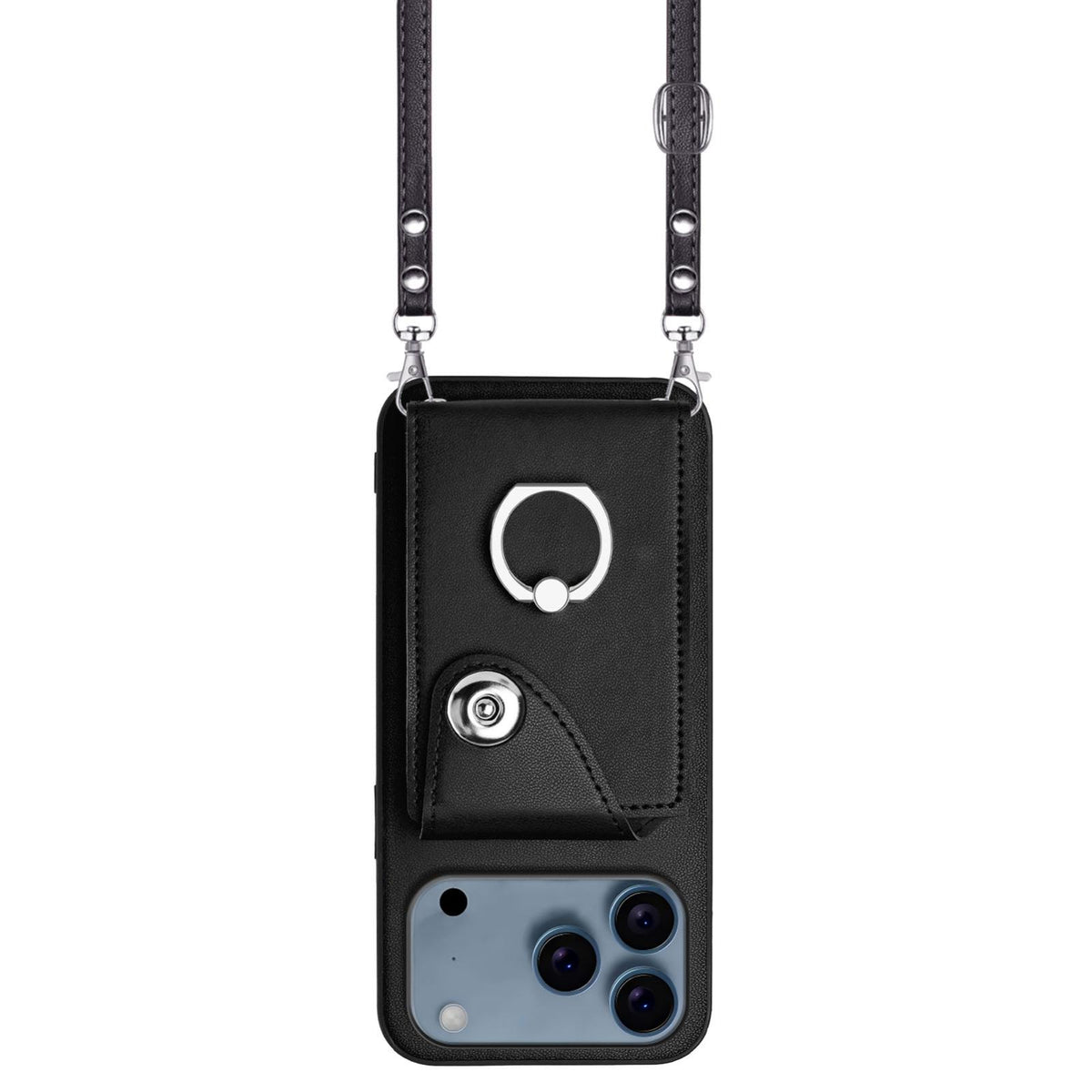 Compatible with iPhone 18 Pro Max & 17 Pro Max Organ Card Bag Ring Holder Phone Case with Long Lanyard - Black