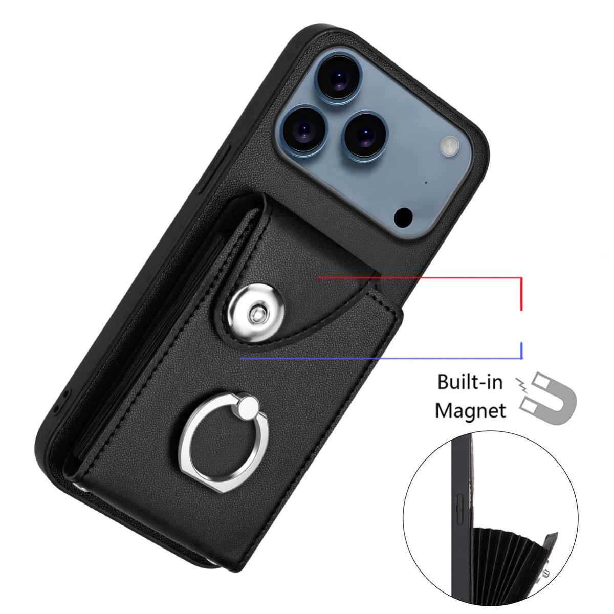Compatible with iPhone 18 Pro Max & 17 Pro Max Organ Card Bag Ring Holder Phone Case with Long Lanyard - Black