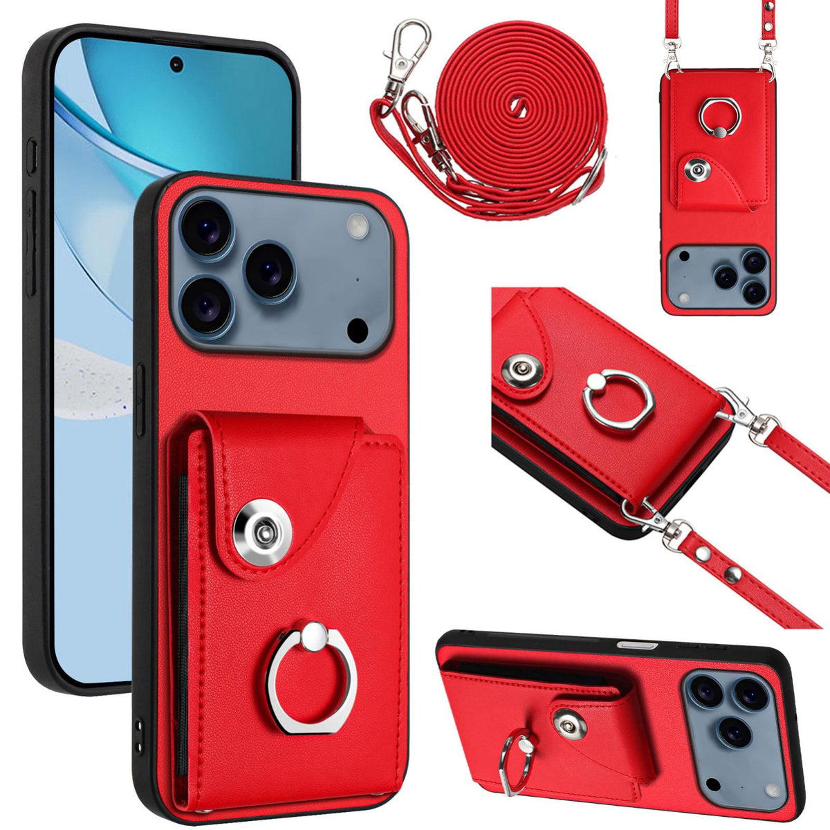 Compatible with iPhone 18 Pro Max & 17 Pro Max Organ Card Bag Ring Holder Phone Case with Long Lanyard - Red