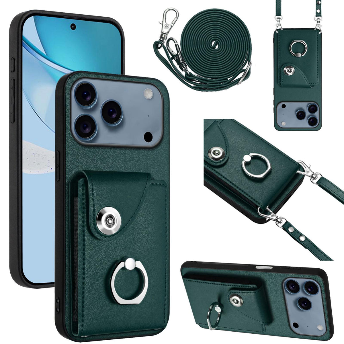 Compatible with iPhone 18 Pro & 17 Pro Organ Card Bag Ring Holder Phone Case with Long Lanyard - Green