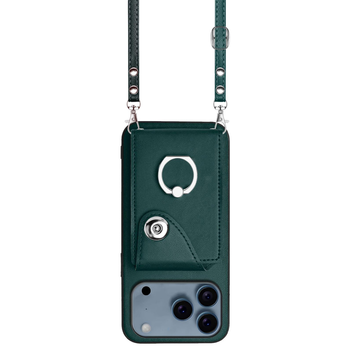Compatible with iPhone 18 Pro & 17 Pro Organ Card Bag Ring Holder Phone Case with Long Lanyard - Green