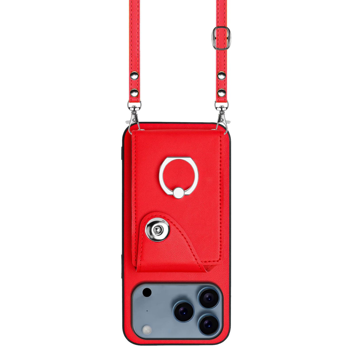 Compatible with iPhone 18 Pro & 17 Pro Organ Card Bag Ring Holder Phone Case with Long Lanyard - Red