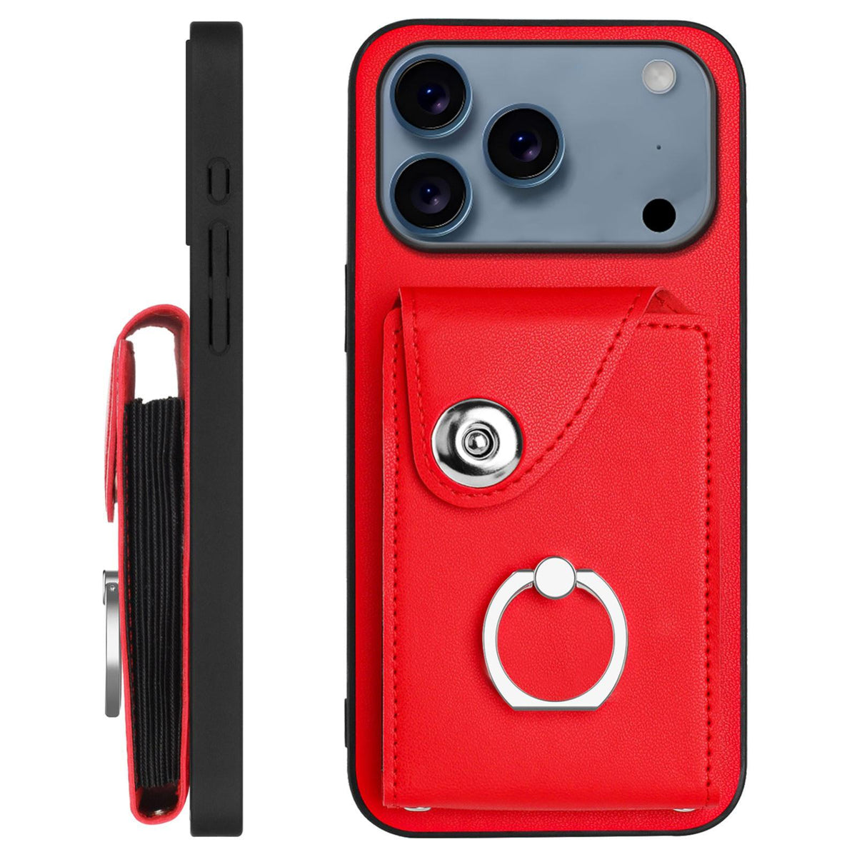 Compatible with iPhone 18 Pro & 17 Pro Organ Card Bag Ring Holder Phone Case with Long Lanyard - Red