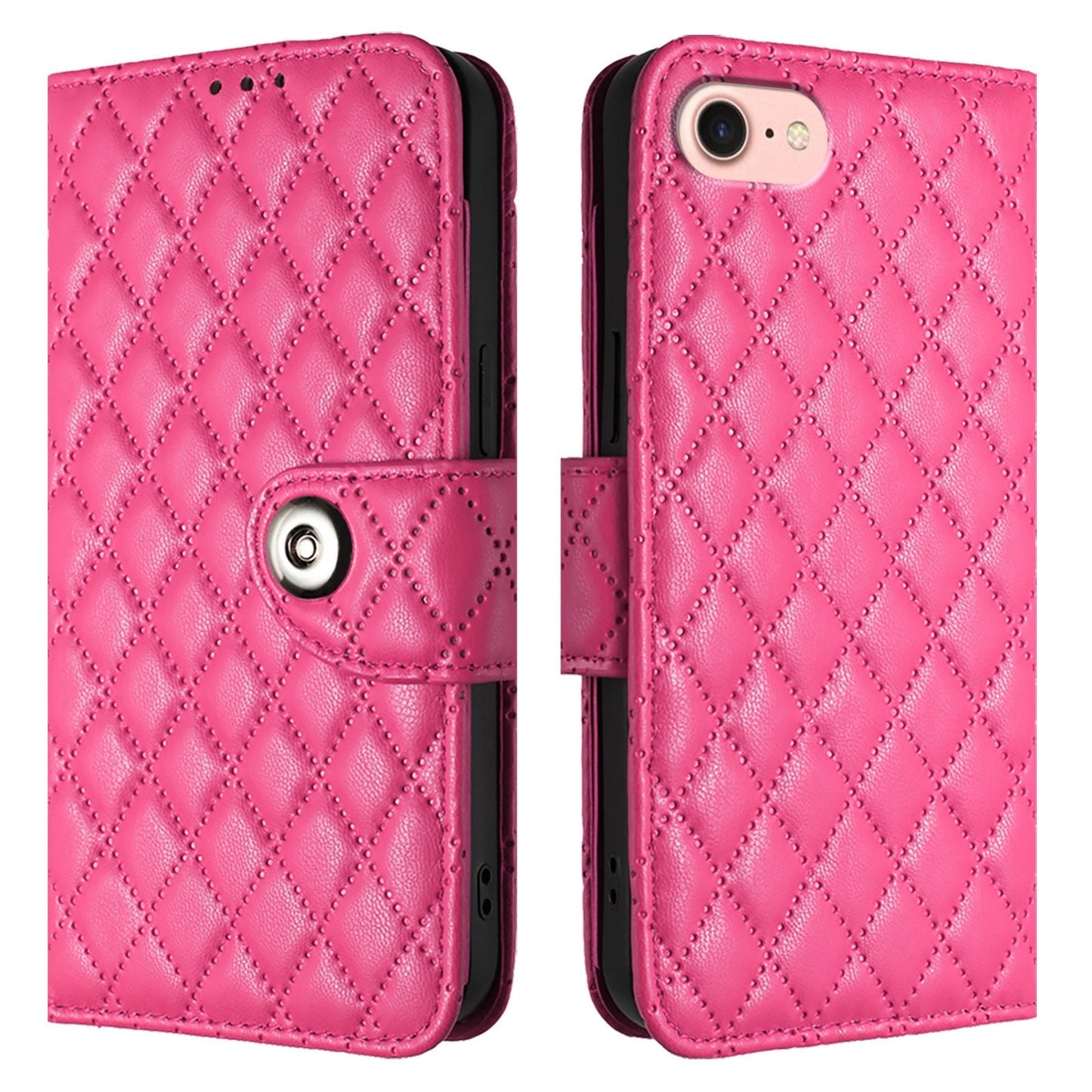For iPhone 16e Rhombic Texture Flip Leather Phone Case with Lanyard(Rose Red)