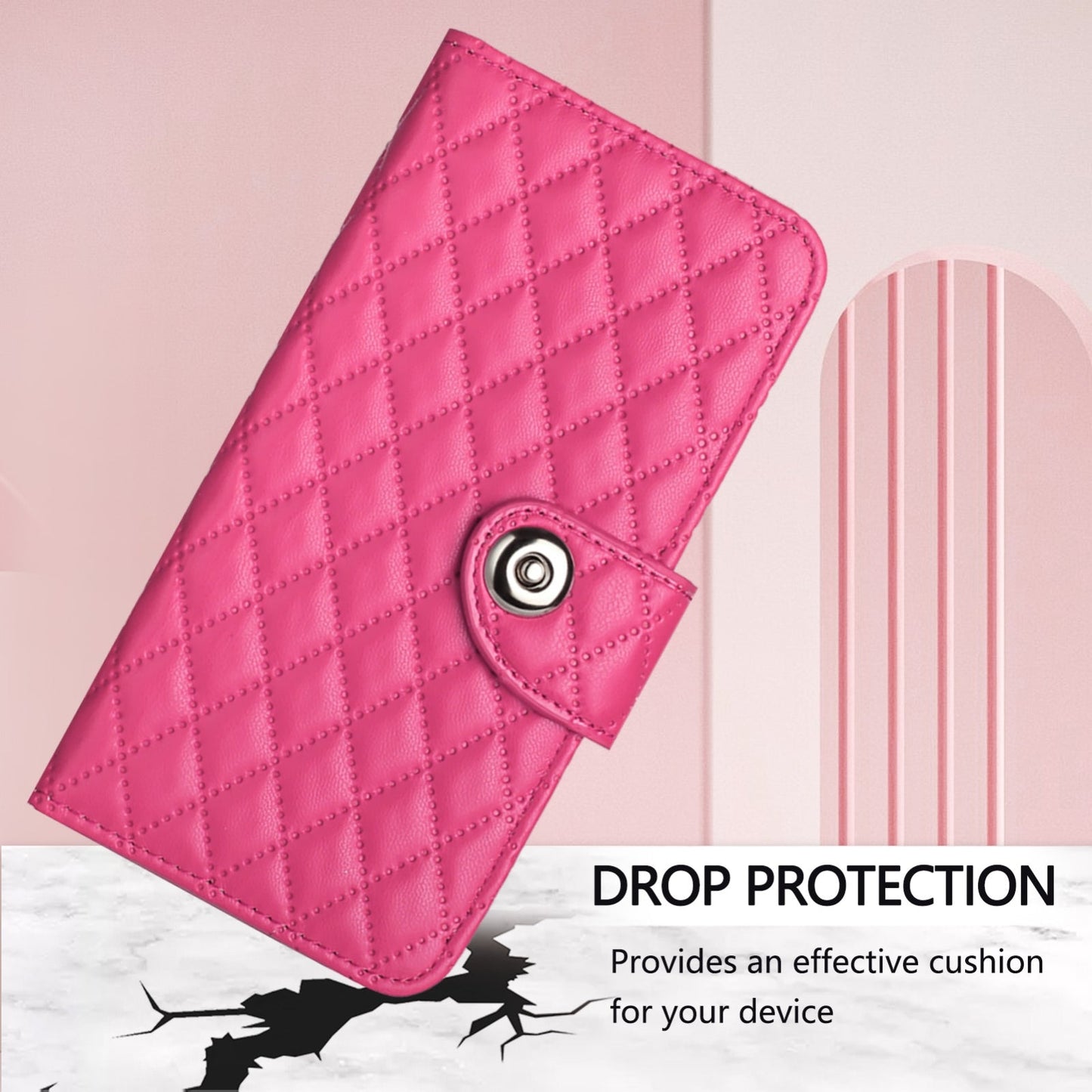 For iPhone 16e Rhombic Texture Flip Leather Phone Case with Lanyard(Rose Red)
