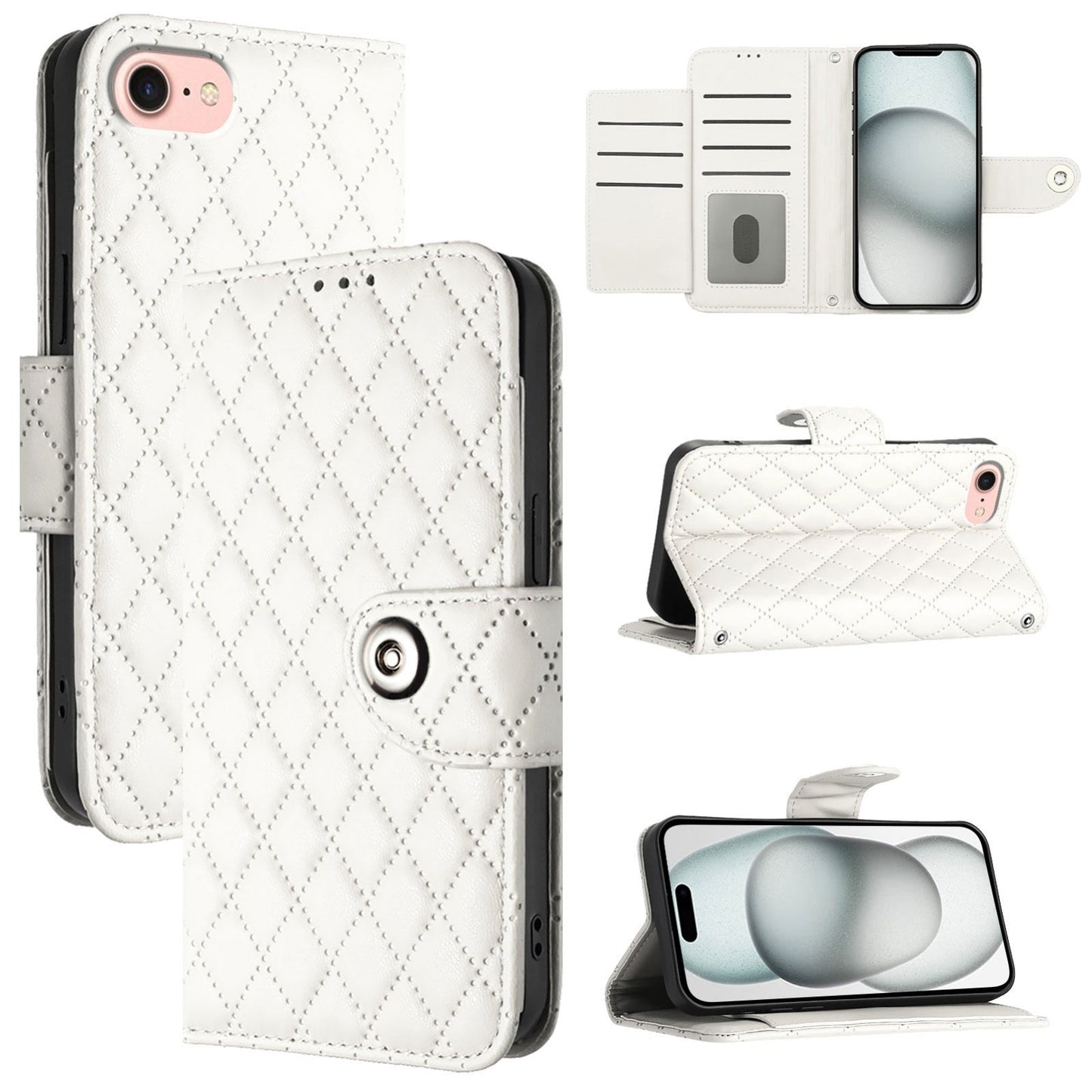 For iPhone 16e Rhombic Texture Flip Leather Phone Case with Lanyard(White)