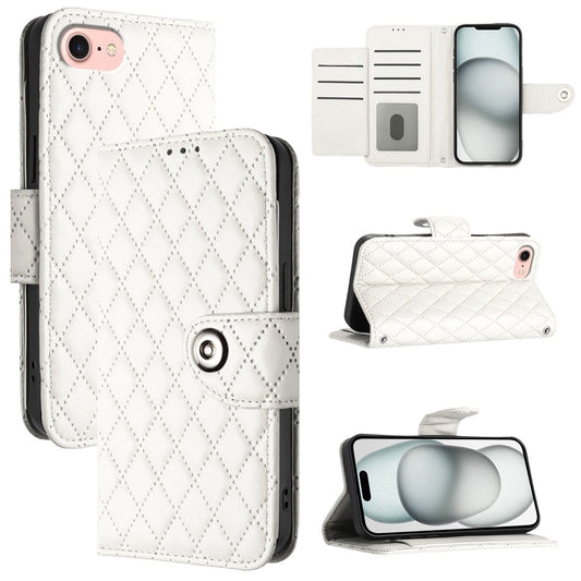 For iPhone 16e Rhombic Texture Flip Leather Phone Case with Lanyard(White)