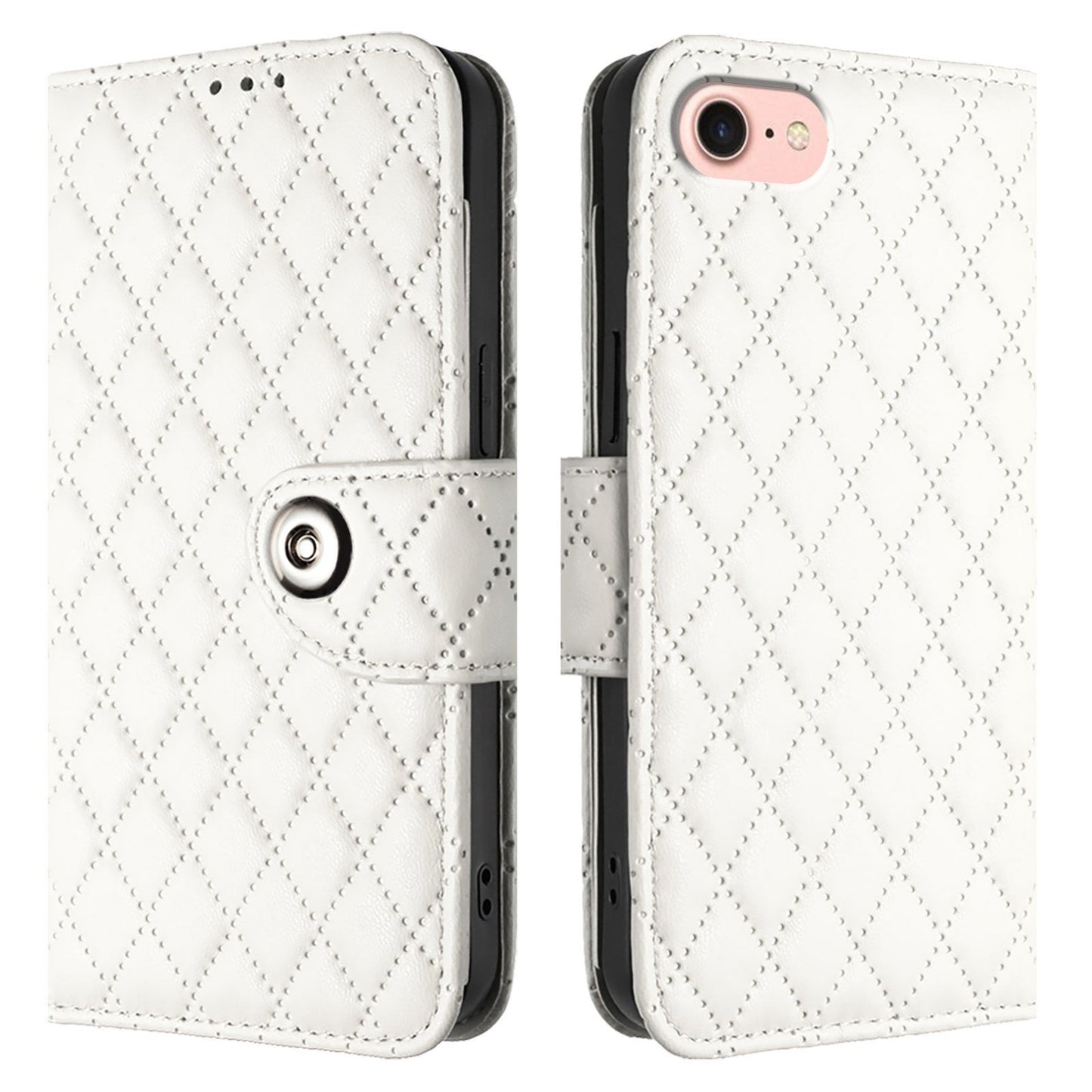 For iPhone 16e Rhombic Texture Flip Leather Phone Case with Lanyard(White)