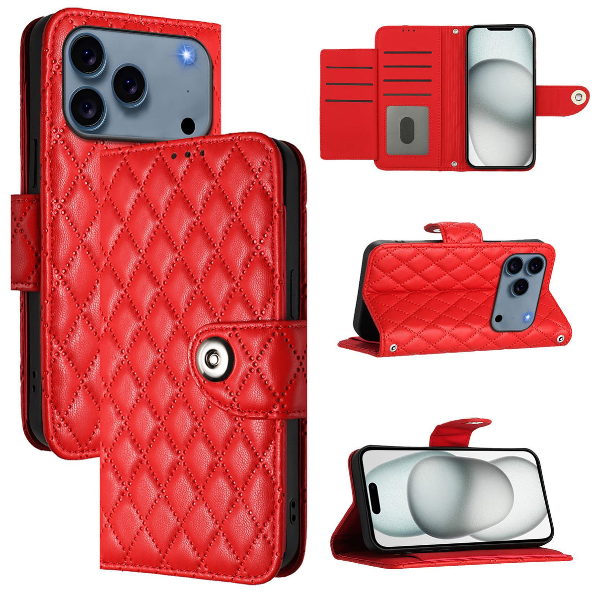 Compatible with iPhone 18 Pro Max & 17 Pro Max Rhombic Texture Flip Leather Phone Case with Lanyard - Red