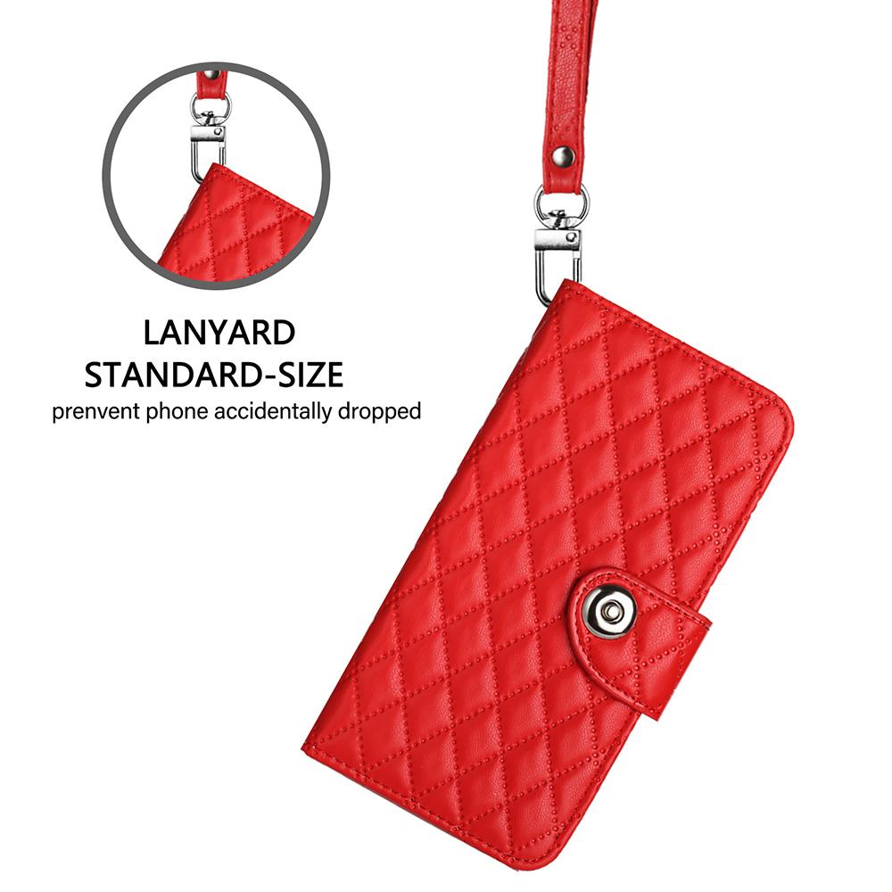 Compatible with iPhone 18 Pro Max & 17 Pro Max Rhombic Texture Flip Leather Phone Case with Lanyard - Red