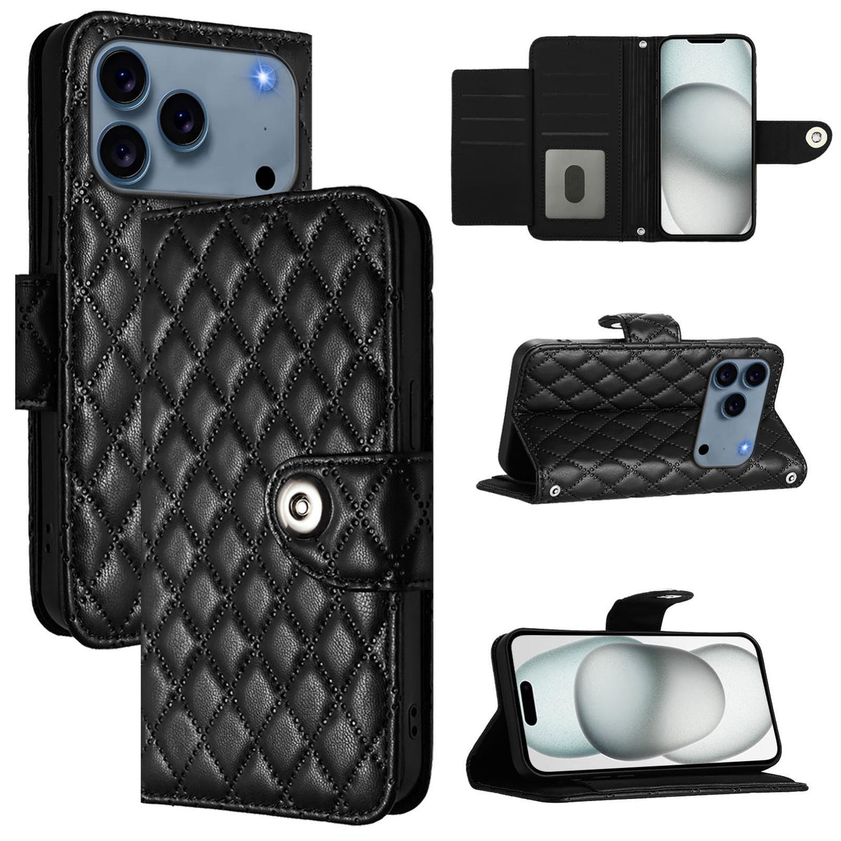 Compatible with iPhone 18 Pro Max & 17 Pro Max Rhombic Texture Flip Leather Phone Case with Lanyard - Black