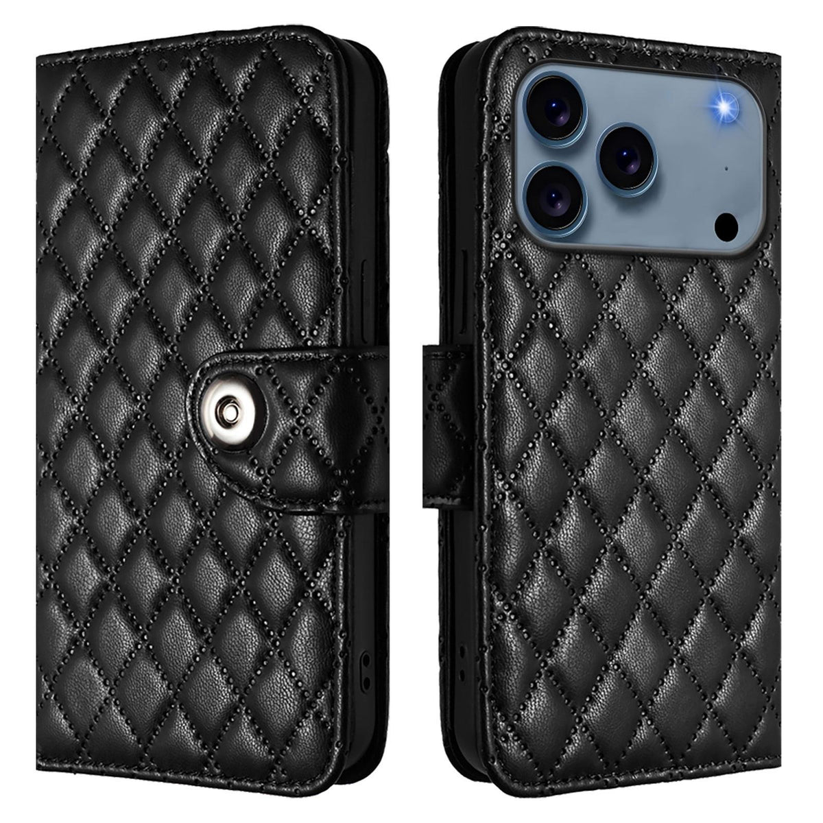 Compatible with iPhone 18 Pro Max & 17 Pro Max Rhombic Texture Flip Leather Phone Case with Lanyard - Black