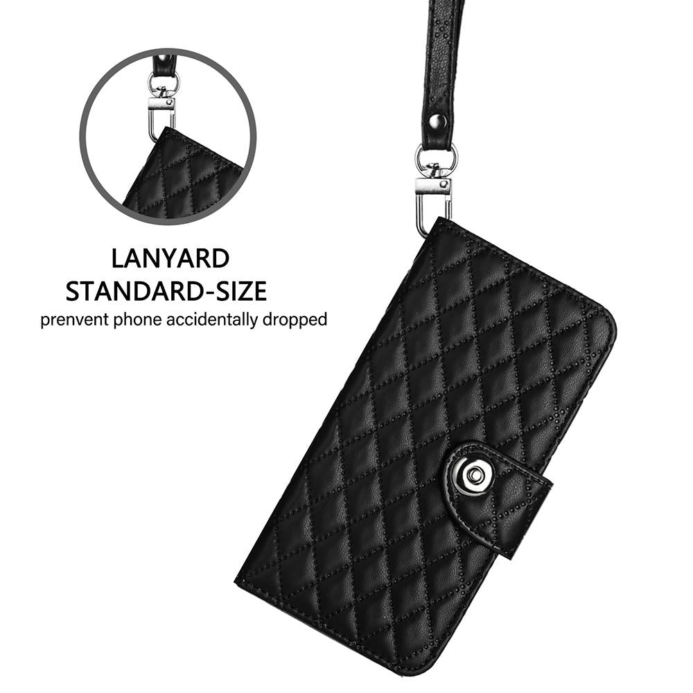 Compatible with iPhone 18 Pro Max & 17 Pro Max Rhombic Texture Flip Leather Phone Case with Lanyard - Black