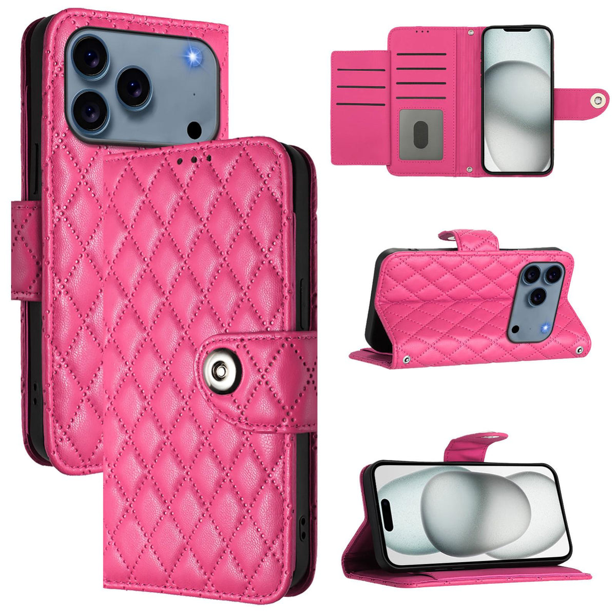 Compatible with iPhone 18 Pro Max & 17 Pro Max Rhombic Texture Flip Leather Phone Case with Lanyard - Rose Red
