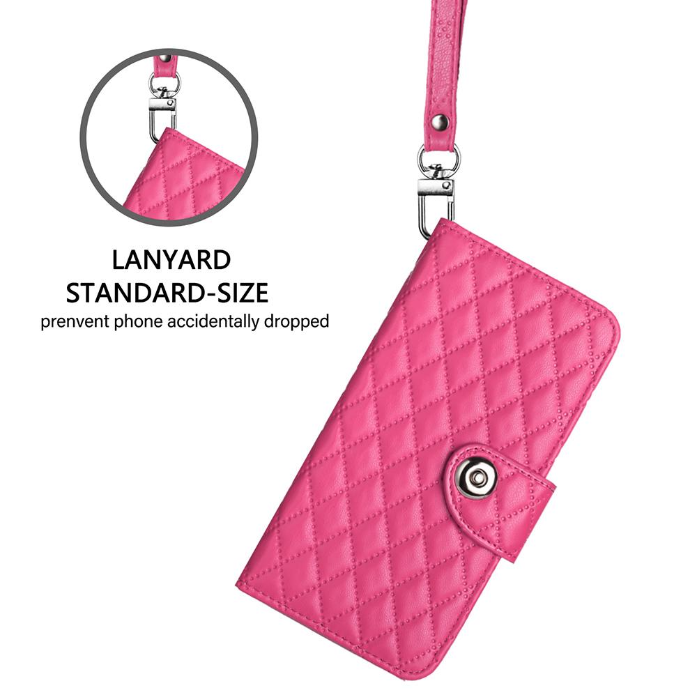 Compatible with iPhone 18 Pro Max & 17 Pro Max Rhombic Texture Flip Leather Phone Case with Lanyard - Rose Red