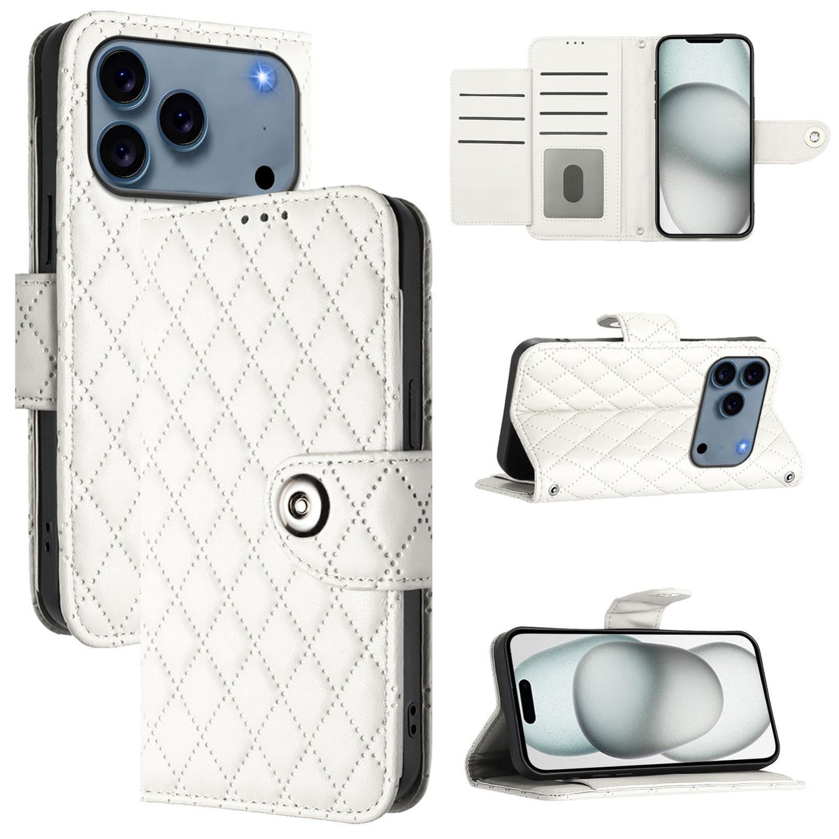 Compatible with iPhone 18 Pro Max & 17 Pro Max Rhombic Texture Flip Leather Phone Case with Lanyard - White