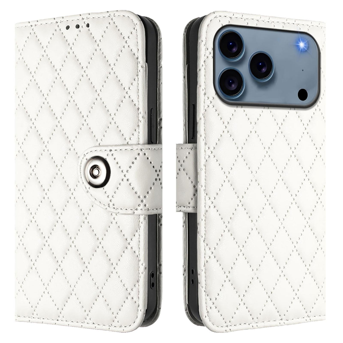 Compatible with iPhone 18 Pro Max & 17 Pro Max Rhombic Texture Flip Leather Phone Case with Lanyard - White