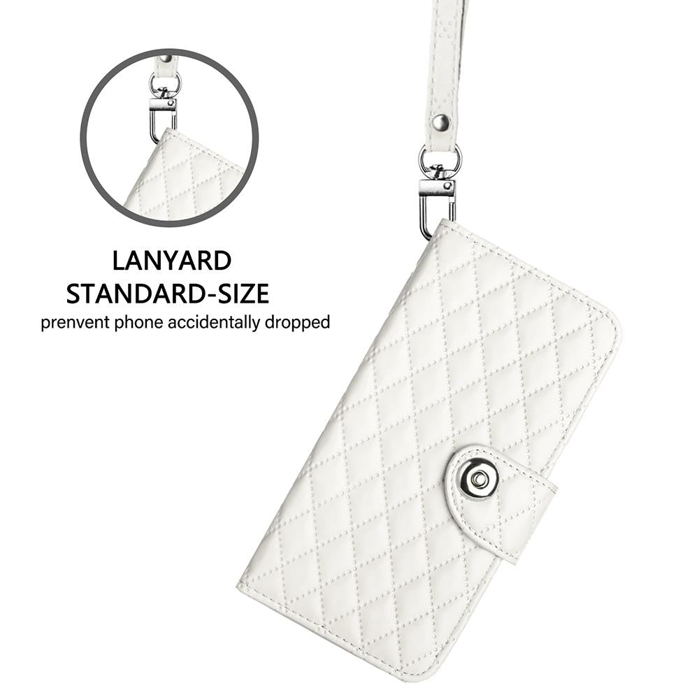 Compatible with iPhone 18 Pro Max & 17 Pro Max Rhombic Texture Flip Leather Phone Case with Lanyard - White