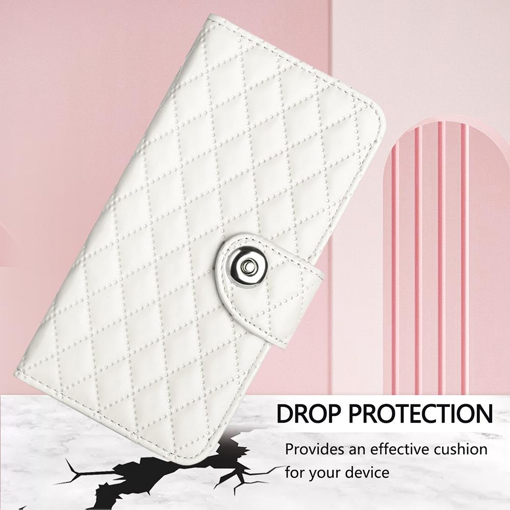 Compatible with iPhone 18 Pro Max & 17 Pro Max Rhombic Texture Flip Leather Phone Case with Lanyard - White