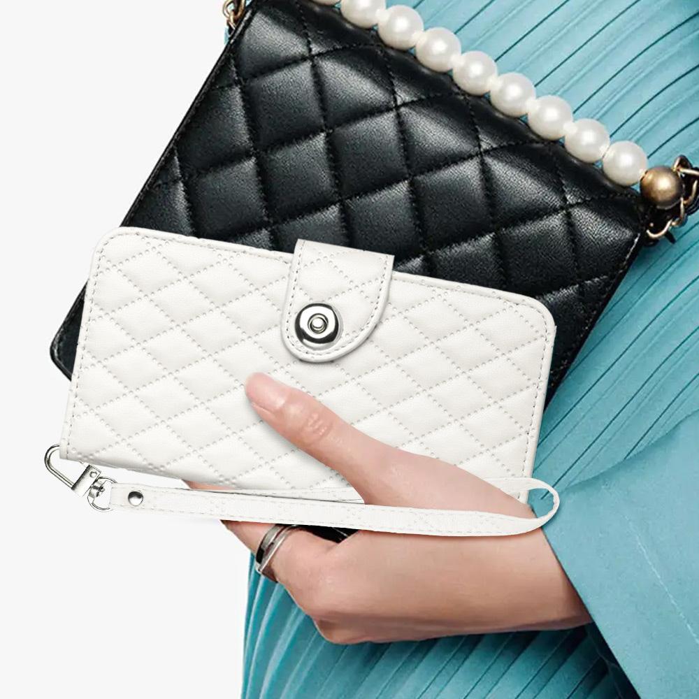 Compatible with iPhone 18 Pro Max & 17 Pro Max Rhombic Texture Flip Leather Phone Case with Lanyard - White