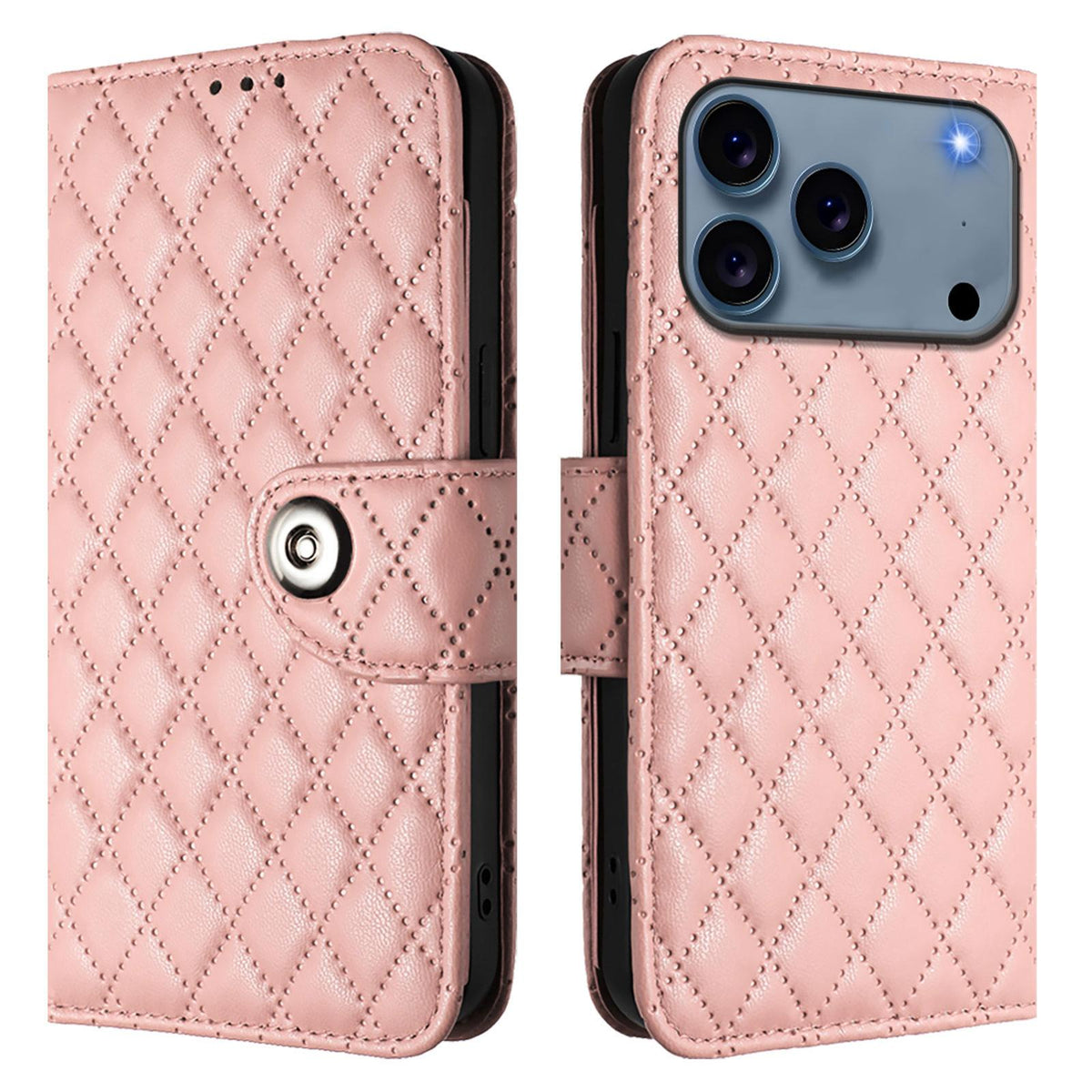 Compatible with iPhone 18 Pro Max & 17 Pro Max Rhombic Texture Flip Leather Phone Case with Lanyard - Coral Pink