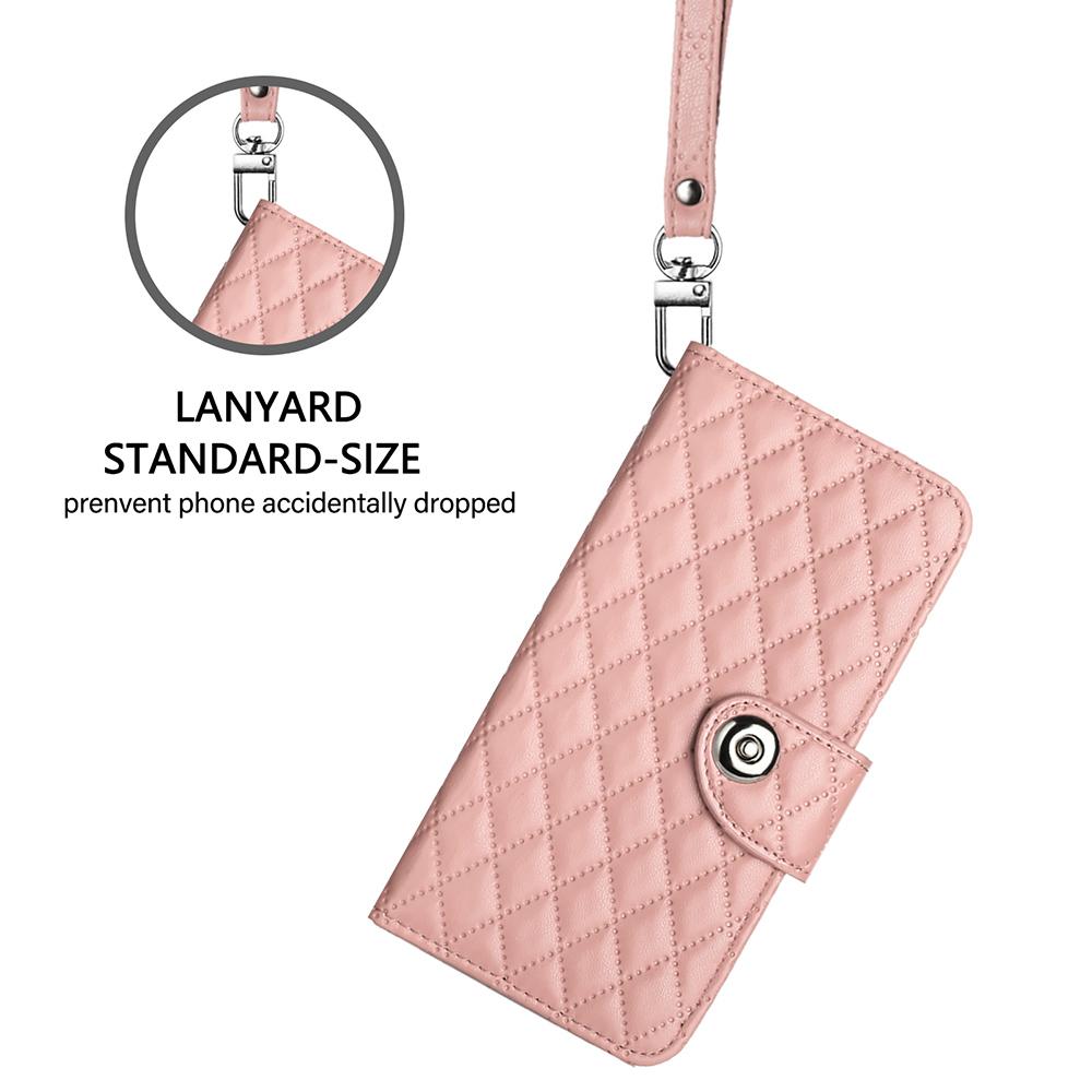 Compatible with iPhone 18 Pro Max & 17 Pro Max Rhombic Texture Flip Leather Phone Case with Lanyard - Coral Pink