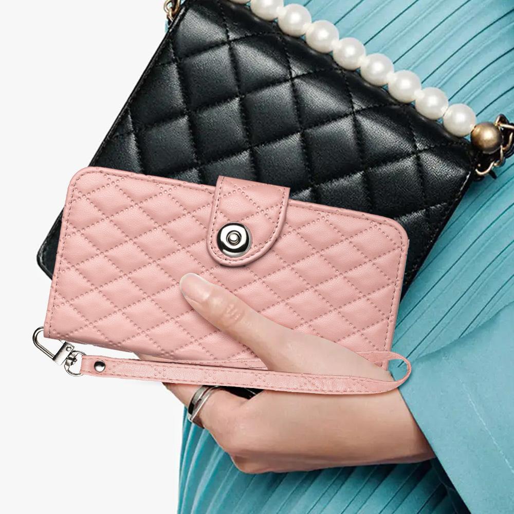 Compatible with iPhone 18 Pro Max & 17 Pro Max Rhombic Texture Flip Leather Phone Case with Lanyard - Coral Pink