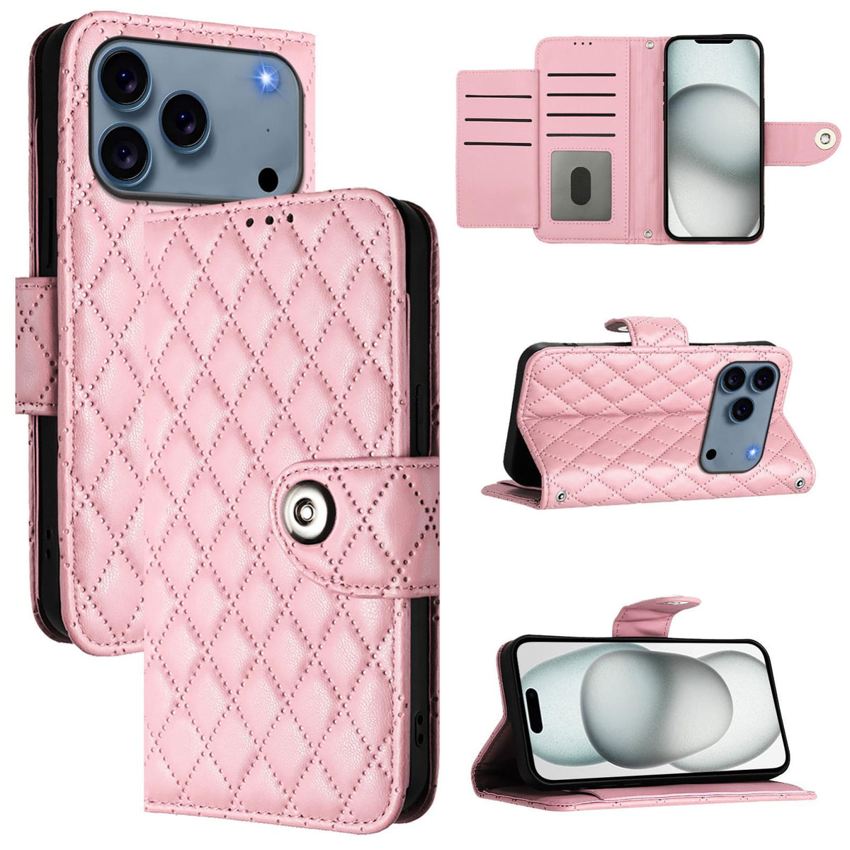 Compatible with iPhone 18 Pro Max & 17 Pro Max Rhombic Texture Flip Leather Phone Case with Lanyard - Pink