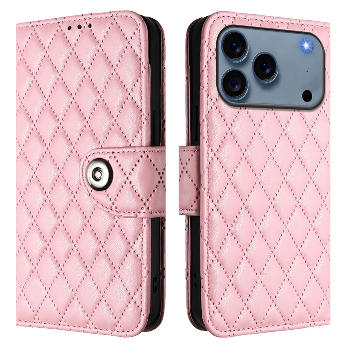 Compatible with iPhone 18 Pro Max & 17 Pro Max Rhombic Texture Flip Leather Phone Case with Lanyard - Pink