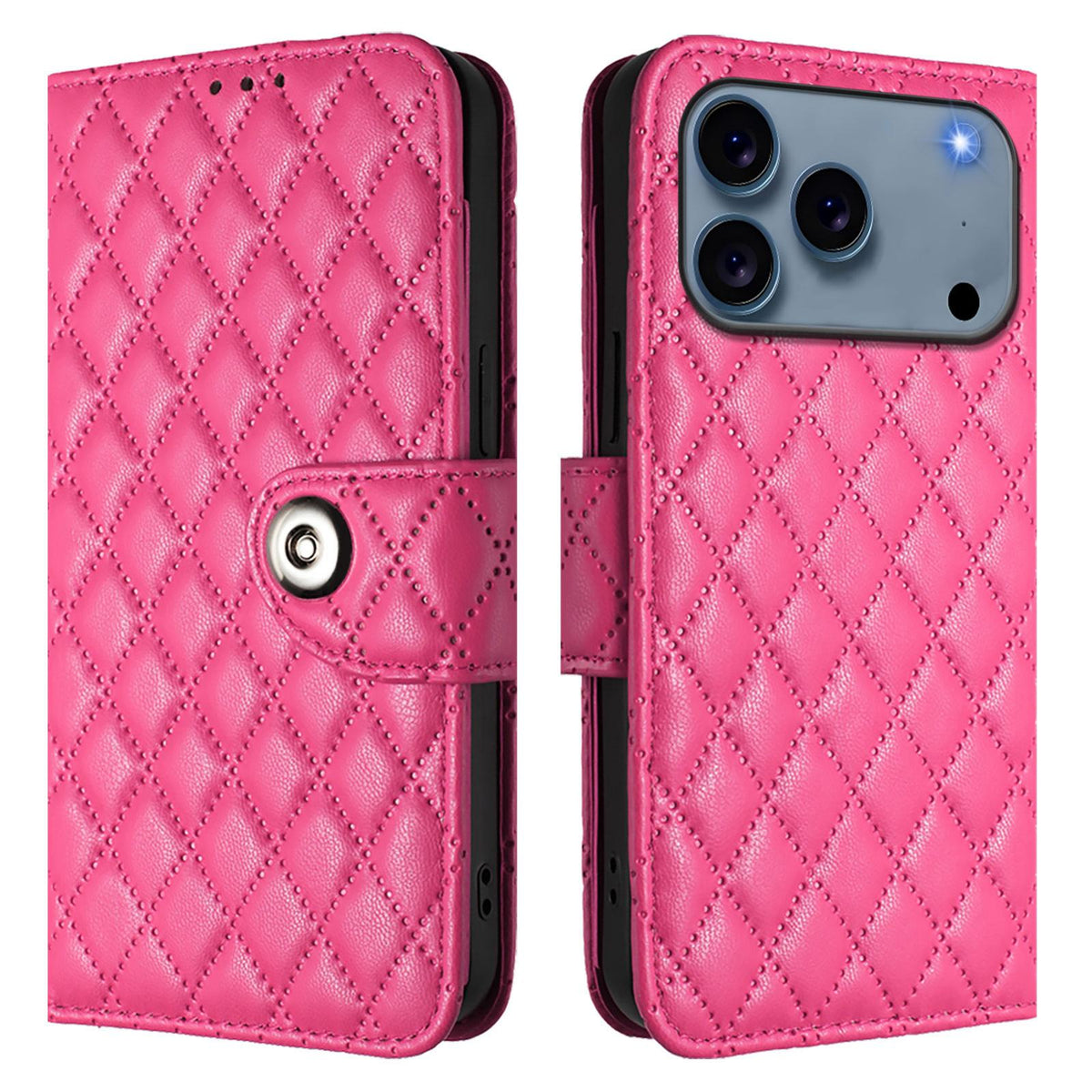 Compatible with iPhone 18 Pro & 17 Pro Rhombic Texture Flip Leather Phone Case with Lanyard - Rose Red